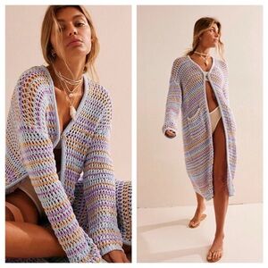 Free People Beach Colette Knit Crochet Multicolor Knit Longline Duster Cardigan